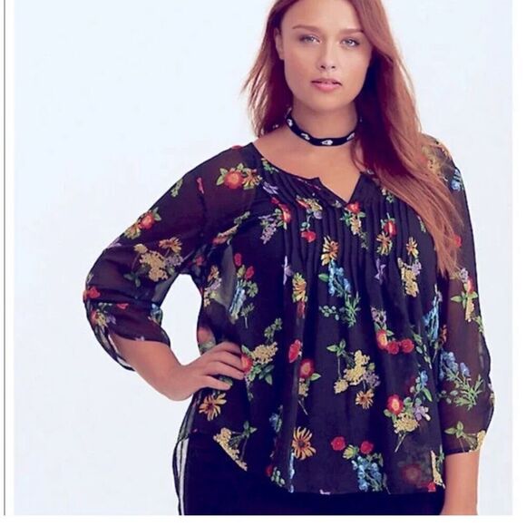 Torrid sheer floral black Long Tunic  harper button front top blouse short plus - Picture 1 of 7